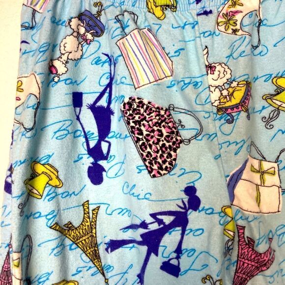 Parisian Shopping Trip flannel pj bottoms w/ Eiffel Tower, purses,French phrases - Picture 6 of 14